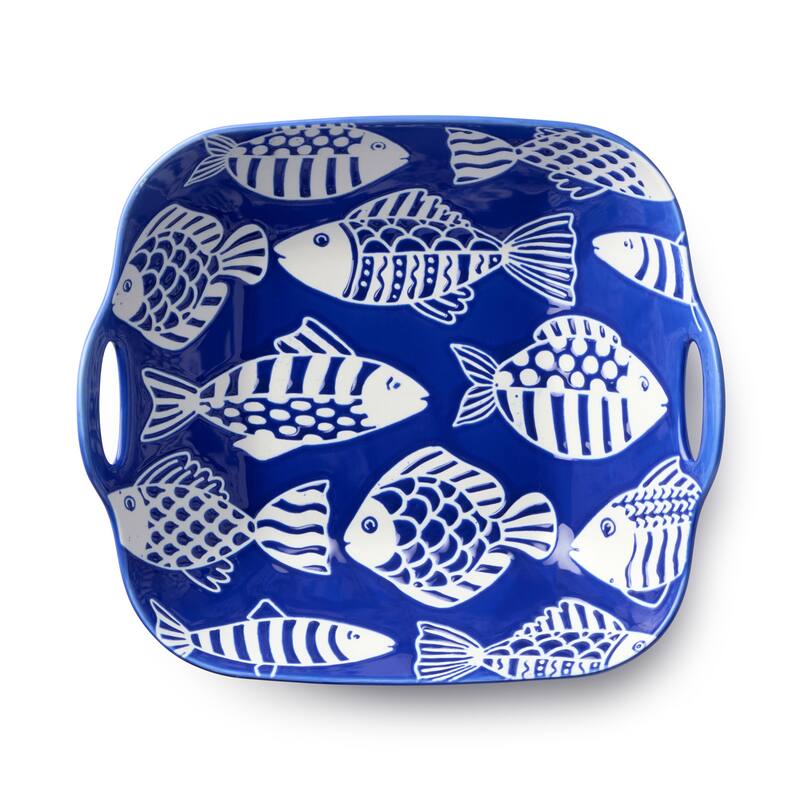 Certified International Fish Tale Porcelain 42 oz. Square Bowl with Handles - 11.00"L x 10.00"W x 3.68"H