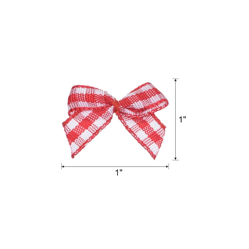 50Pcs Mini Gingham Ribbon Bow 1" Checkered Fabric Satin Ribbon Bows - Red