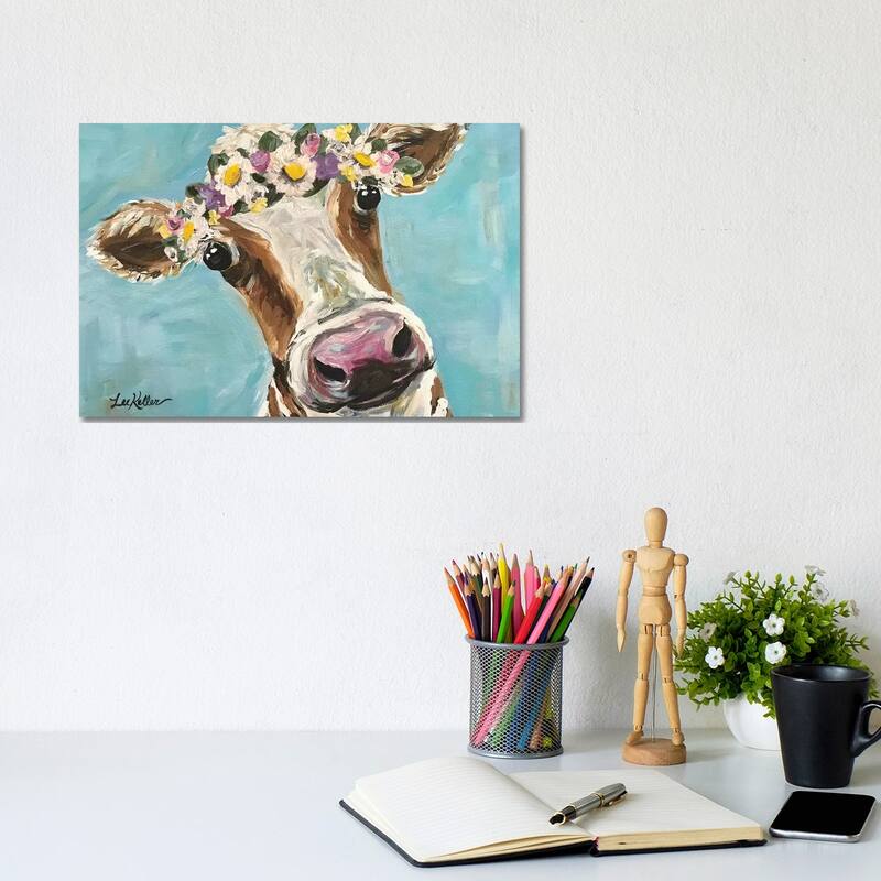 iCanvas "Cow With Flower Crown On Turquoise" by Hippie Hound Studios Canvas Print - 8x12x0.75