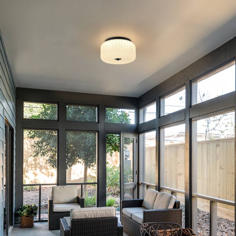 C Cattleya Black Flush Mount Ceiling Light with White Ribbed Glass
