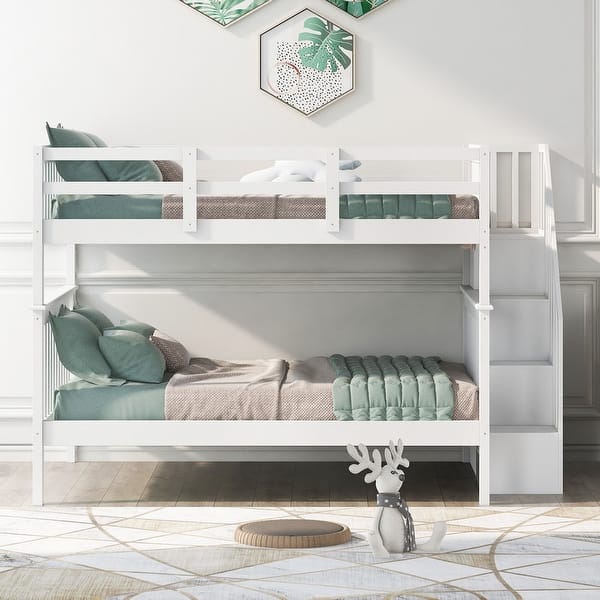 slide 2 of 30, Stairway Full-Over-Full Bunk Bed with Storage and Guard Rail for Bedroom, Dorm White