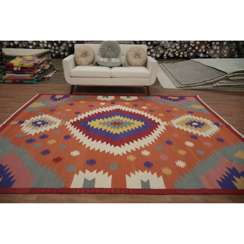 Hand Woven Oriental 100% Wool Carpet Southwestern Tribal Oranges & Rust Kilim Area Rug - 9' 8'' X 7' 11''