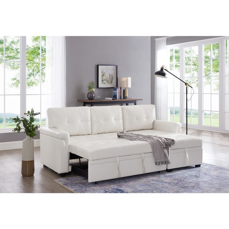 Perry Modern Reversible Sectional Sofa with Storage Chaise, Pullout Sleeper Sofa Couch Bed for Living Room - White,Air Leather