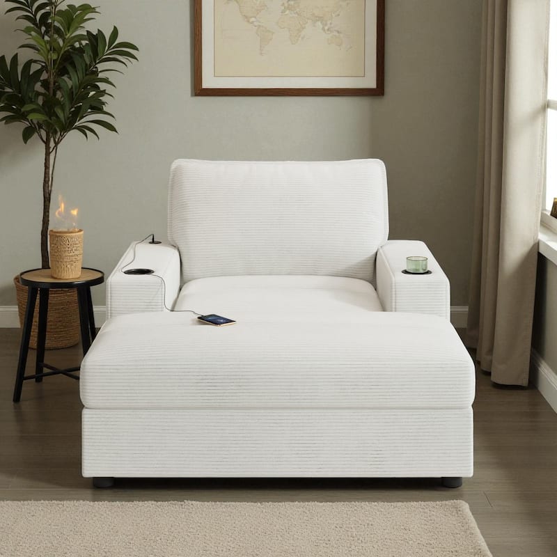 Oversized 42.8" Chaise Lounge Chair with Storage Ottoman, Corduroy Sleeper Chair with Cup Holders & USB Port for Living Room - Beige