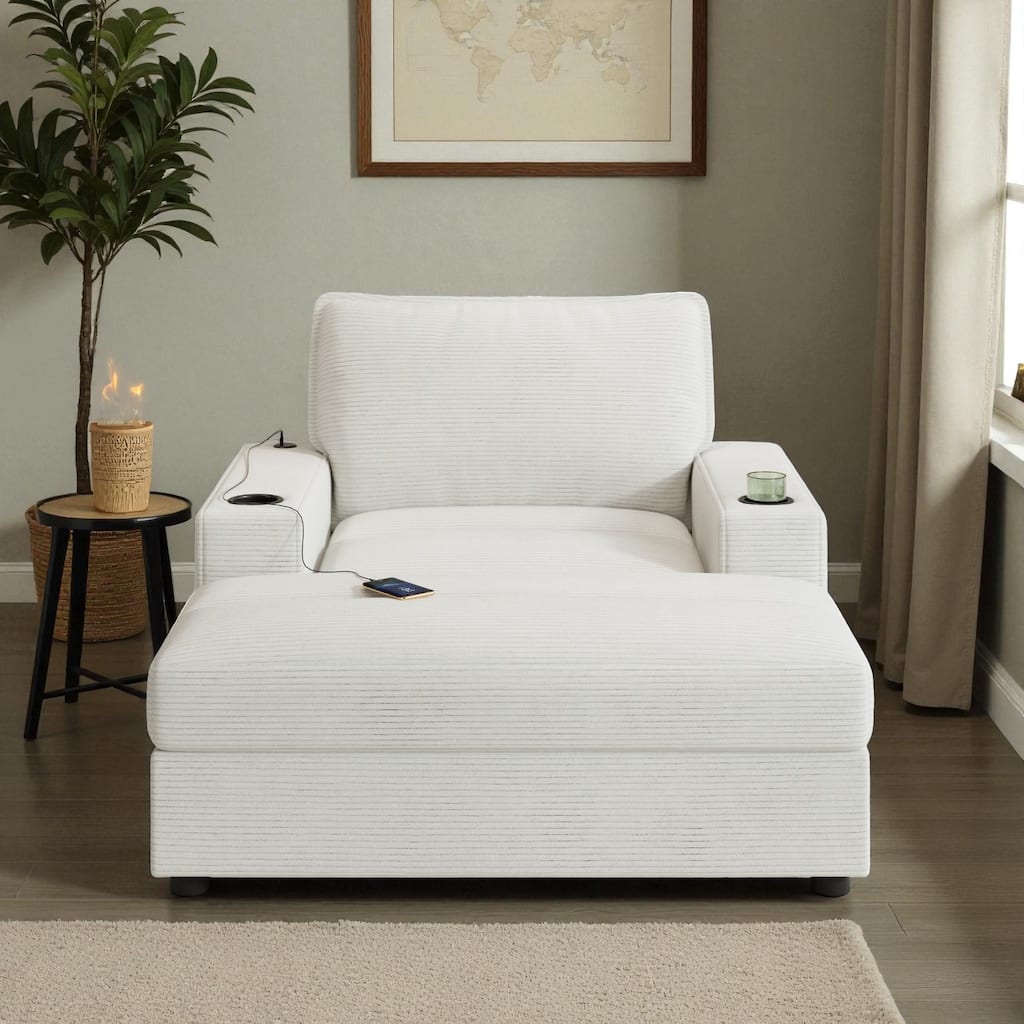 Oversized 42.8" Chaise Lounge Chair with Storage Ottoman, Corduroy Sleeper Chair with Cup Holders & USB Port for Living Room