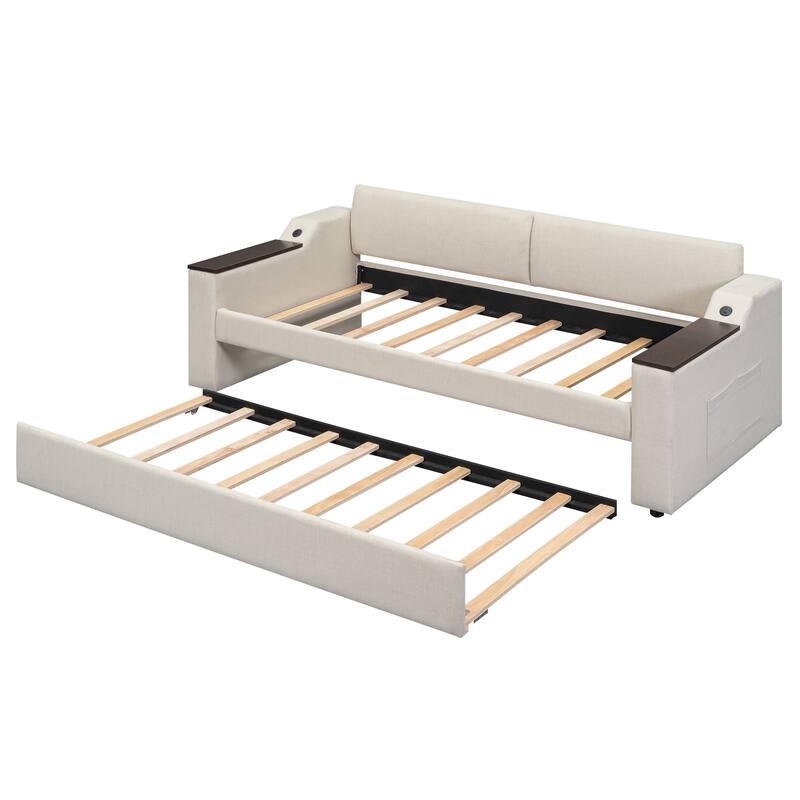 Twin Size Upholstered Daybed with Storage Arms, Trundle, and USB Charging in Beige