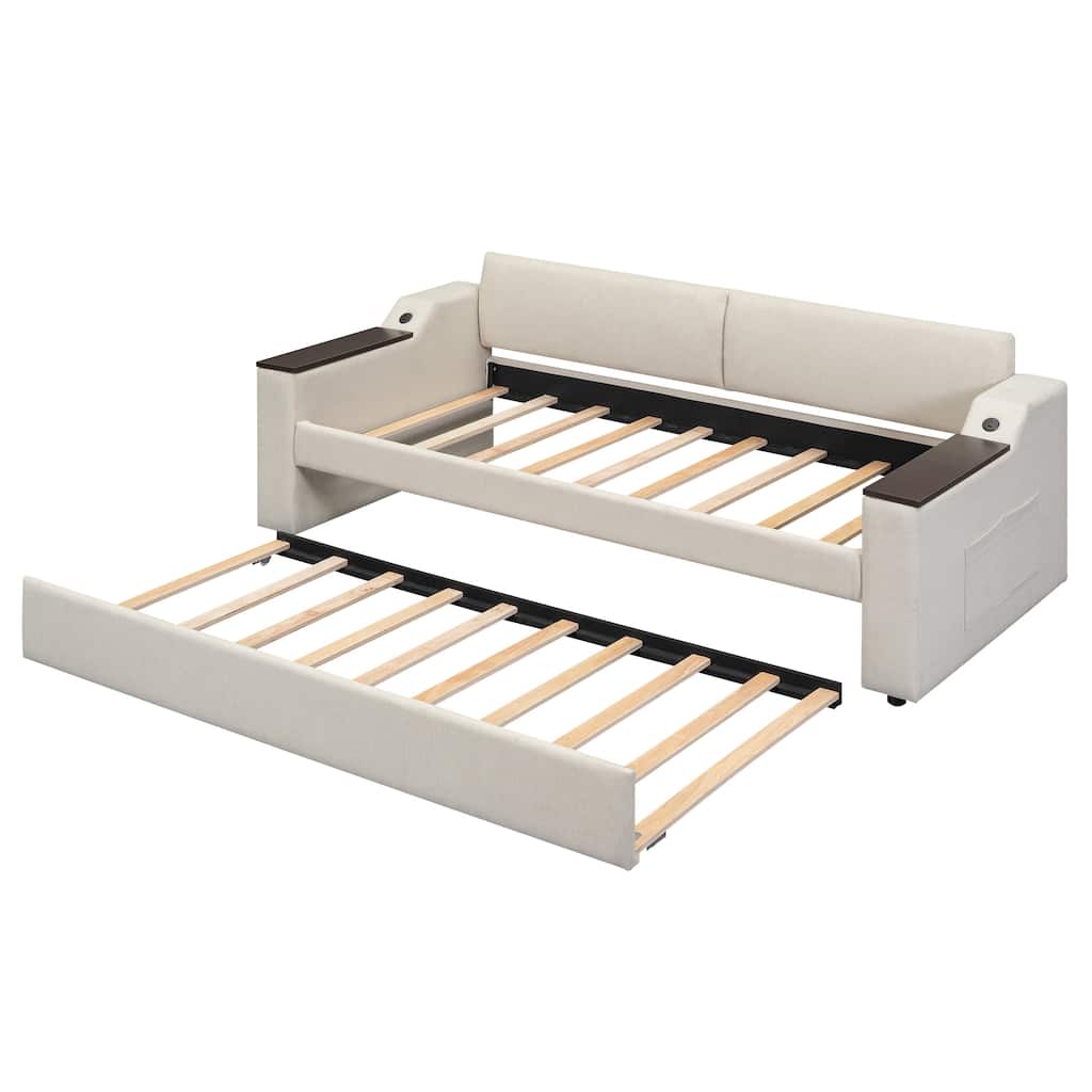 Twin Upholstered Daybed with Trundle and Storage Arms, Beige Linen Fabric Bed with USB Charging Ports