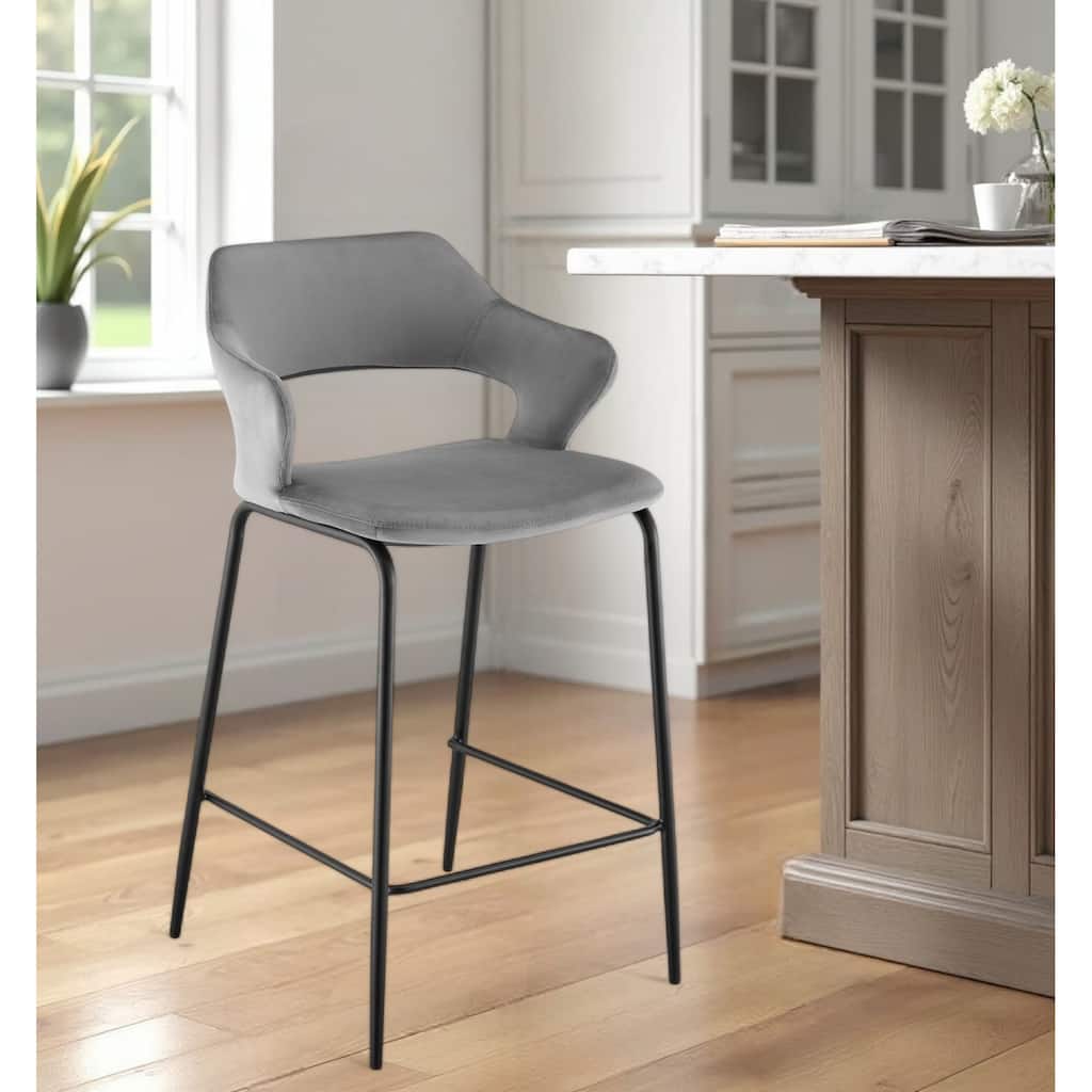 HomeRoots 26" Gray and Black Velvet and Steel Low Back Counter Height Bar Chair