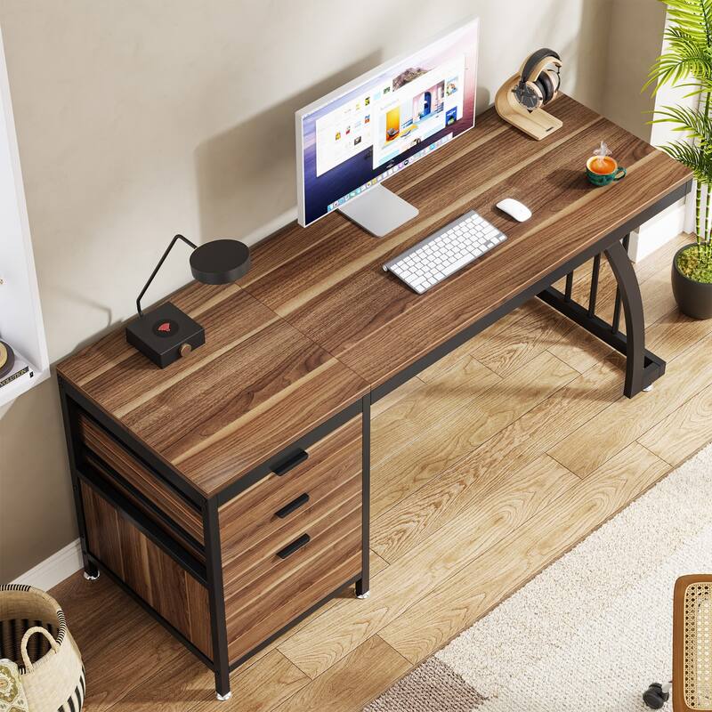 59 inch Reversible Computer Desk with 3 Drawer Cabinet, Industrial Study Writing Table Workstation for Home Office Bedroom