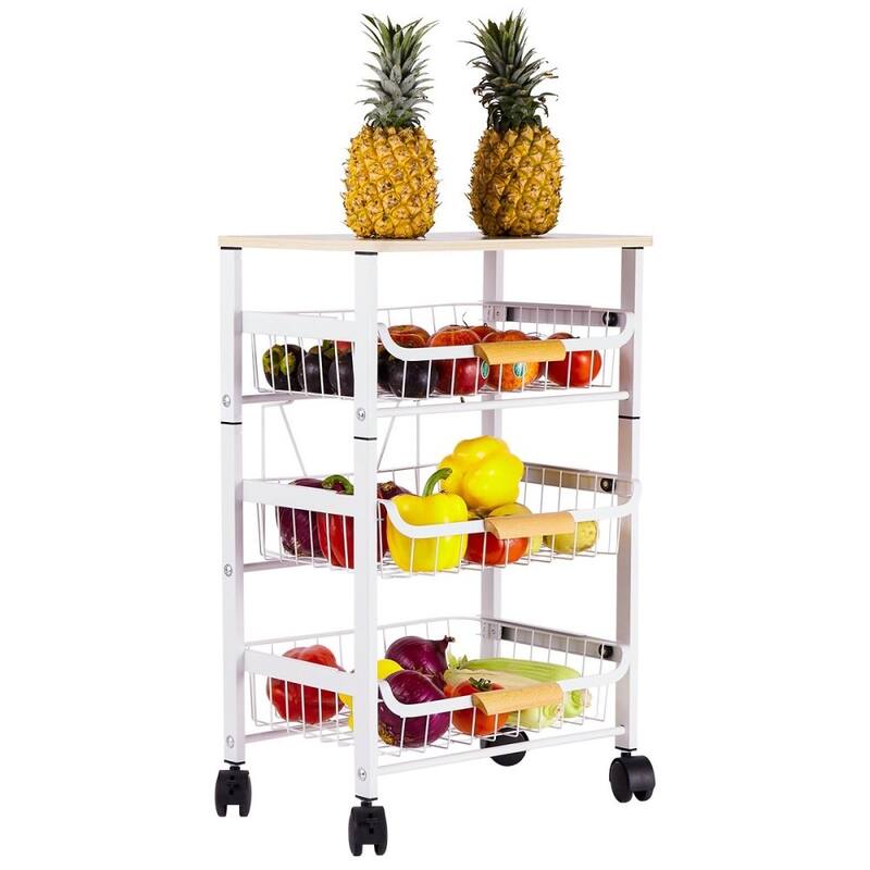 4 Tier Metal Wire Basket Shelf White Kitchen Storage Rolling Cart Bed