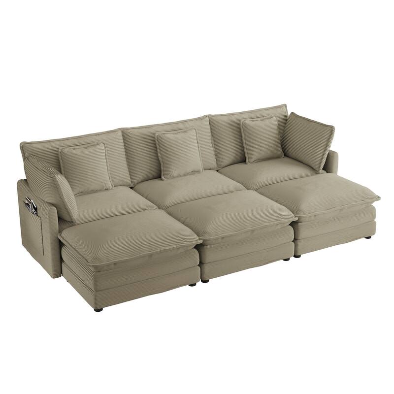 Corduroy Modular Sofa Couch, Upholstered Sleeper Recliner Sofa Couch with Side Storage Pockets and 3 Movable Ottomans