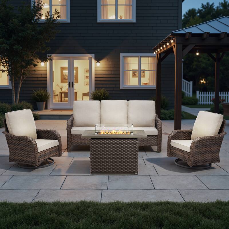 Pocassy Patio Funiture Sofa Swivel Chairs Ottoman with Fire Table Set - Beige Cushion - Brown Wicker - 4-Piece Sofa Swivel Chair with Fire Table