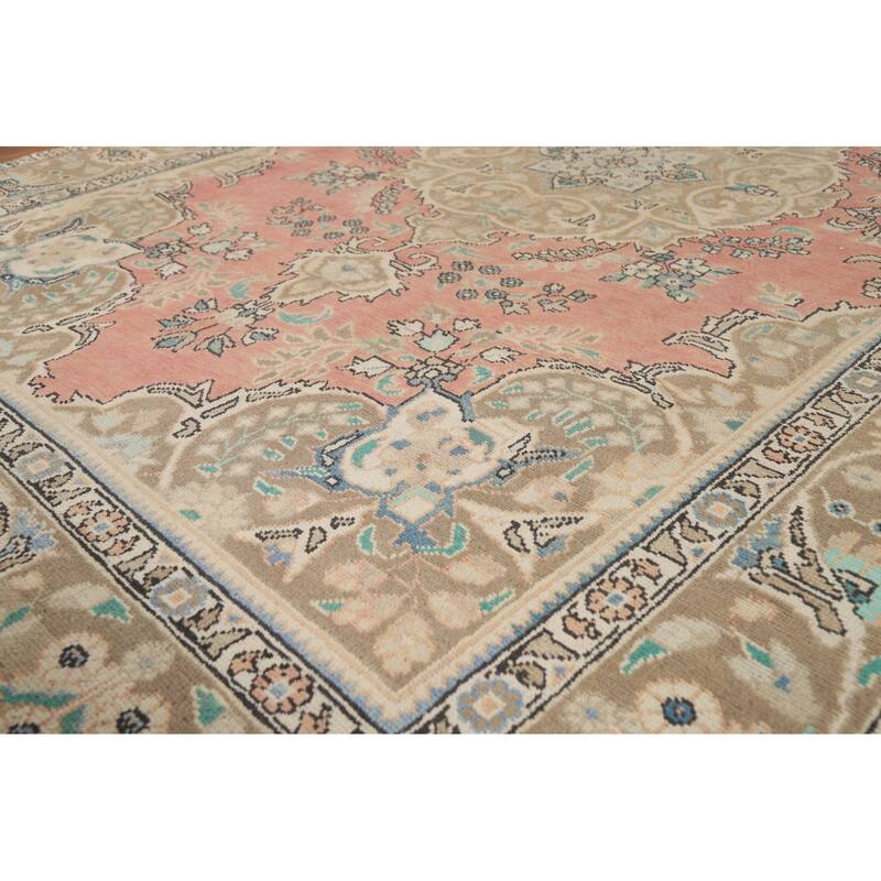 Pink Floral Tabriz Persian Area Rug Hand-Knotted Wool Carpet - 6'5"x 9'11"