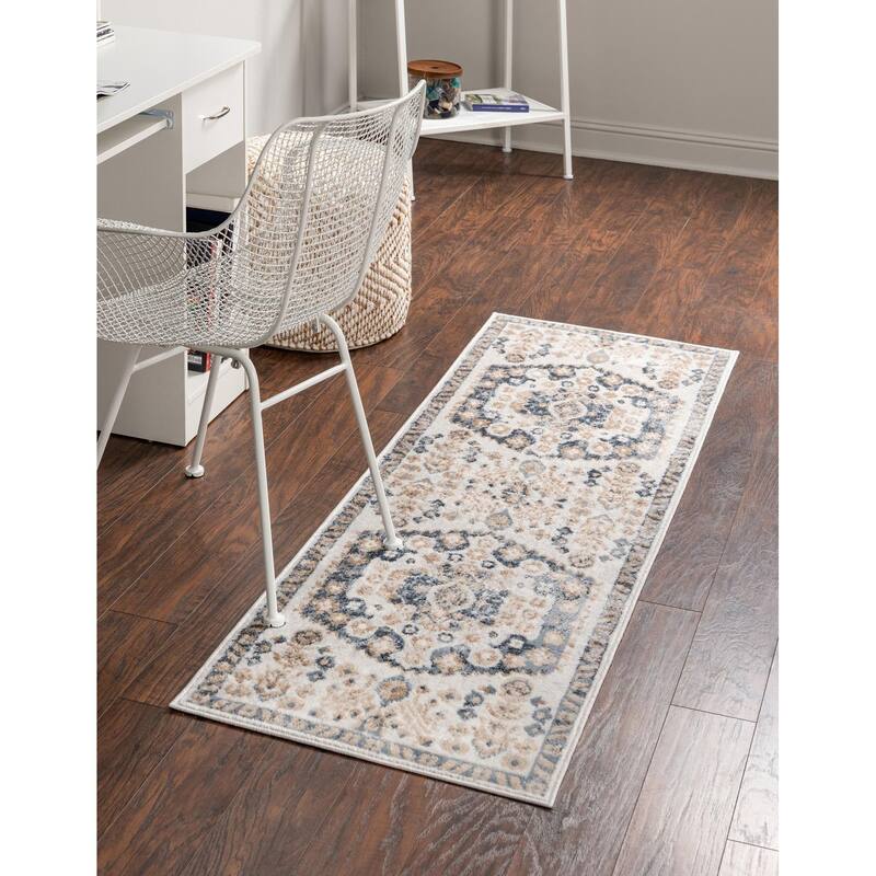 Contemporary Trabzon Collection Area Rug - Ivory-Blue - 2'7"x12'