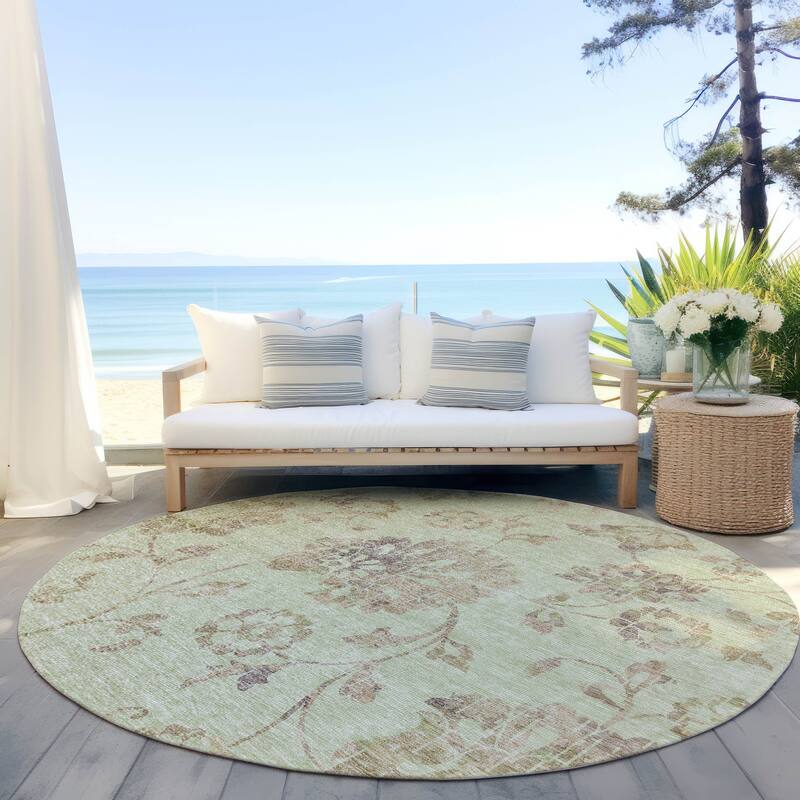 Machine Washable Indoor/ Outdoor Chantille Modern Floral Rug - Aloe - 8' x 8'