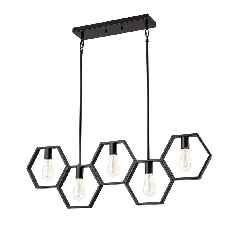 5-Light Mid-Century Modern Matte Black Geometric Pendant Island Lighting - 38.5 in. W x 72 in. H