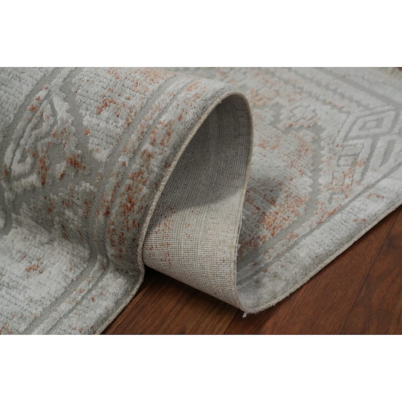 Machine Made Oriental Polyester Carpet Geometric Greys & Charcoal Distressed Area Rug - 7' 5'' X 5' 2''