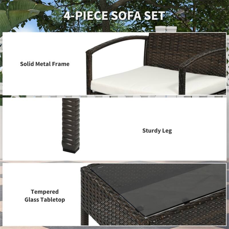 4-Piece Outdoor Patio Furniture Set PE Rattan Sofa Chairs and Tempered Glass Table with Cushions for Garden Balcony Porch