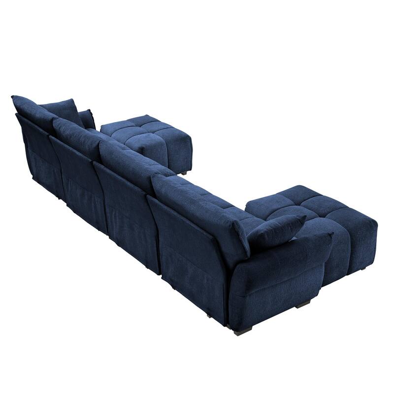141.7" Chenille 4-Seater Sofa Set with 2 Ottomans, Solid Wood Frame and High-Resilience Cushions