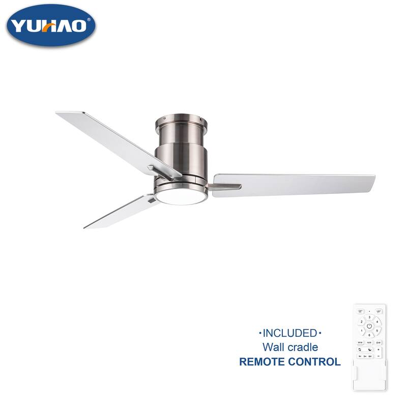 YUHAO Kaleido 48 in. Indoor Matte Black Ceiling Fans with 3-Colors Integrated LED and Dual-Finish Blades - 52 Inches - Flush Mount | Brushed Nickel