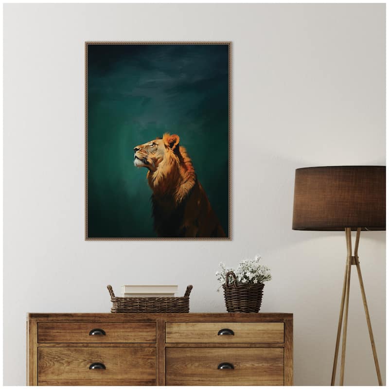 Kate and Laurel Lion on Tonal Blue Teal Green Abstract by The Creative Bunch Studio Framed Canvas Wall Art Print