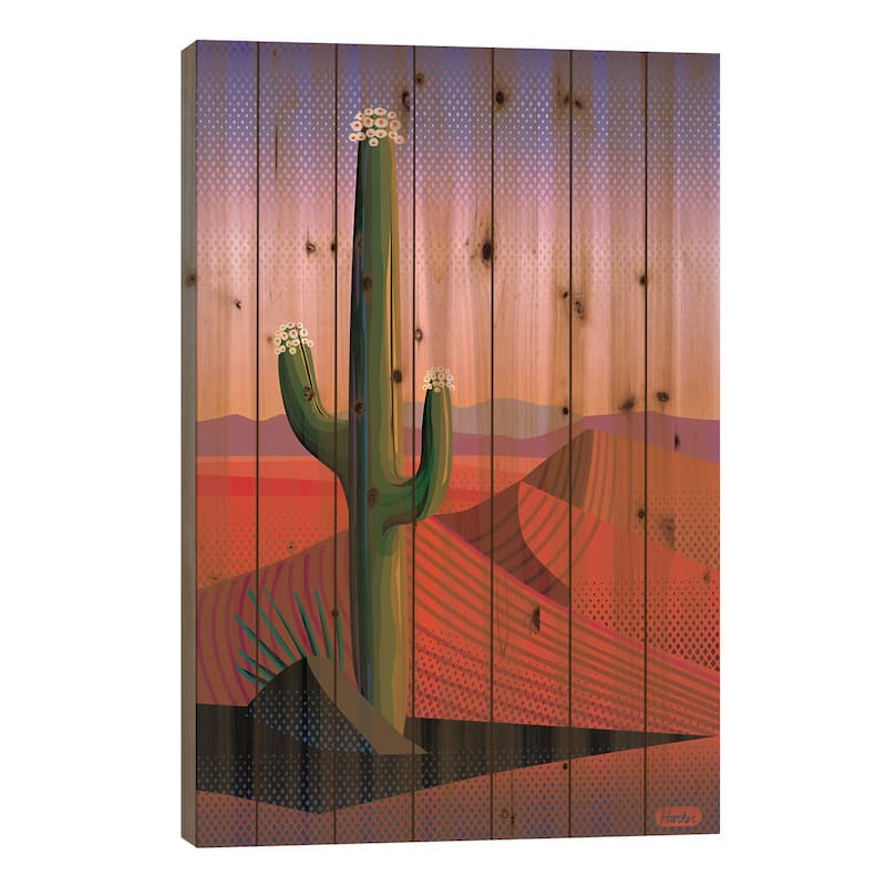 Saguaro Blossom Sunset Print On Wood by Charles Harker - Multi-Color - 40x26x1.5