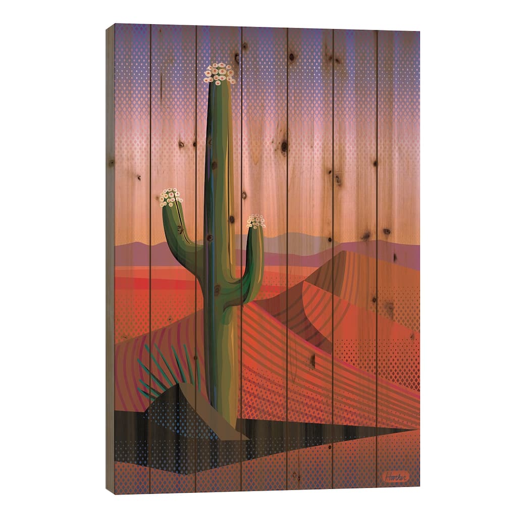 Saguaro Blossom Sunset Print On Wood by Charles Harker - Multi-Color