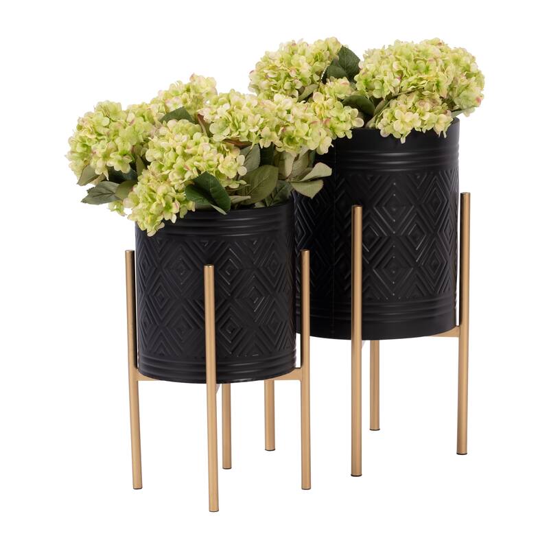AZTEC PLANTER ON METAL STAND, BLACK/GOLD Set of 2