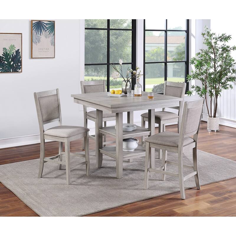 Dining Room Furniture Counter Height 5pc Set Square Table w Shelves Cushion Chairs Modern Style Rustic Grey - Grey