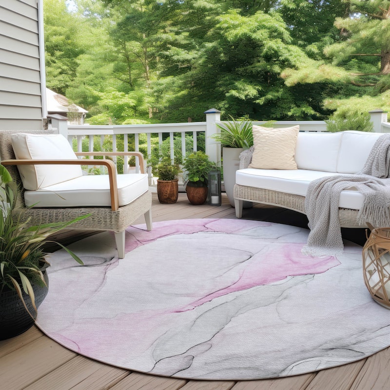 Machine Washable Indoor/ Outdoor Abstract Watercolor Chantille Rug - 8' x 8' - Pink