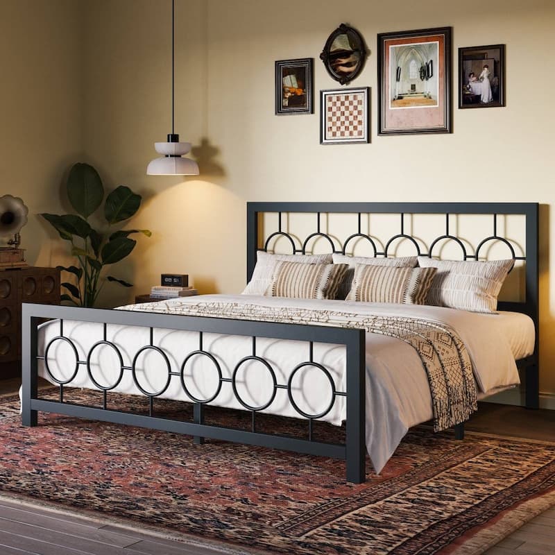 Art Deco Metal Platform Bed Frame with Openwork Headboard and Footboard Modern Iron Slat Support