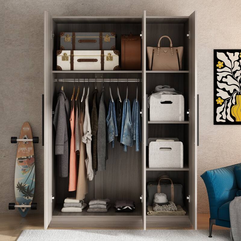 Wardrobe Armoire Wooden Closet Cabinet 6 Storage Cube and Hanging Rod