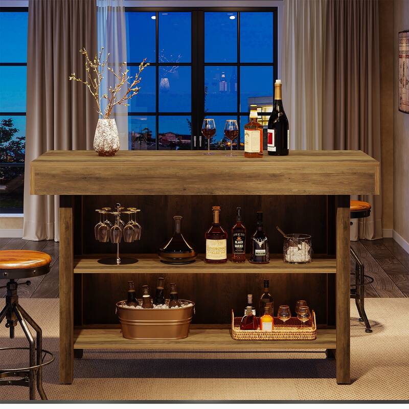 57-Inch Large Home Bar Unit, 2-Tier Mini Bar Table with Footrest for Kitchen, Home, Living Room, Counter Height Pub Table,