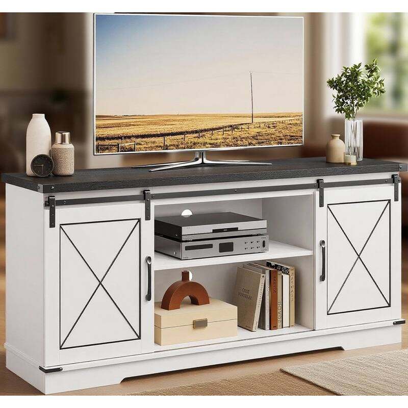 TV Stand, with Sliding Barn Doors, up to 65" - Black+White