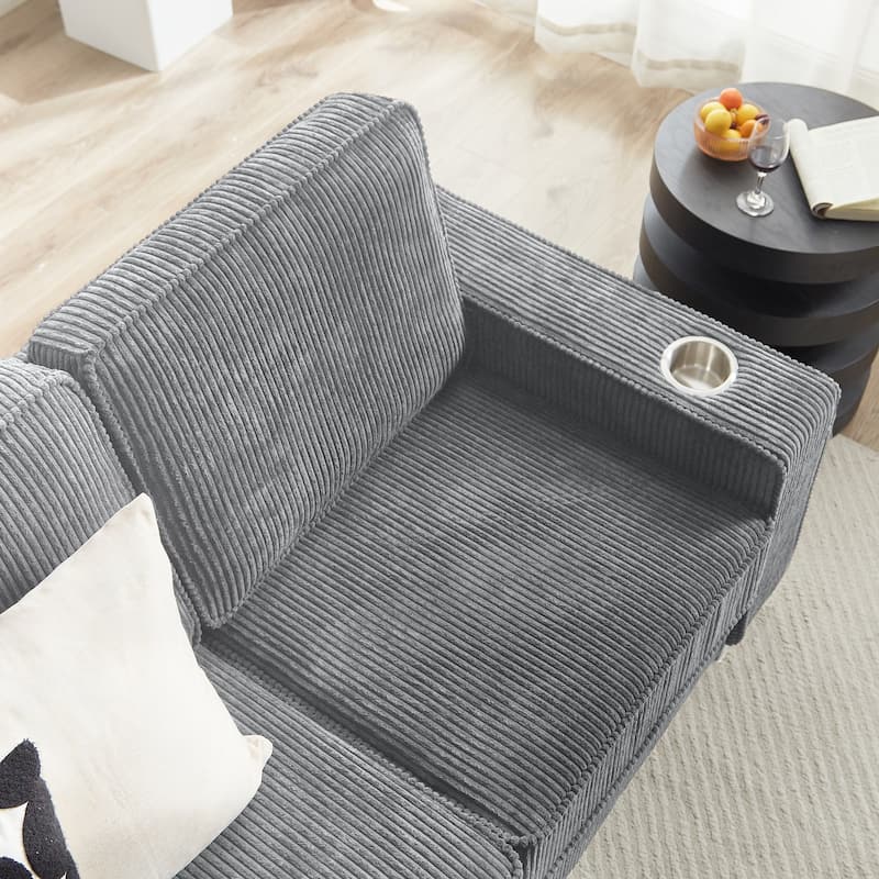 84.25" Corduroy 3-Seater Sofa, Cup Holder Armrests and Spring Cushions
