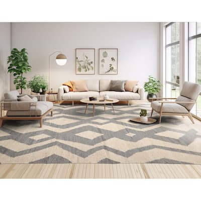 LoomBloom Beige Hand Woven Geometric Flatweave Wool Oriental Area Rug - 9' 4'' x 12'