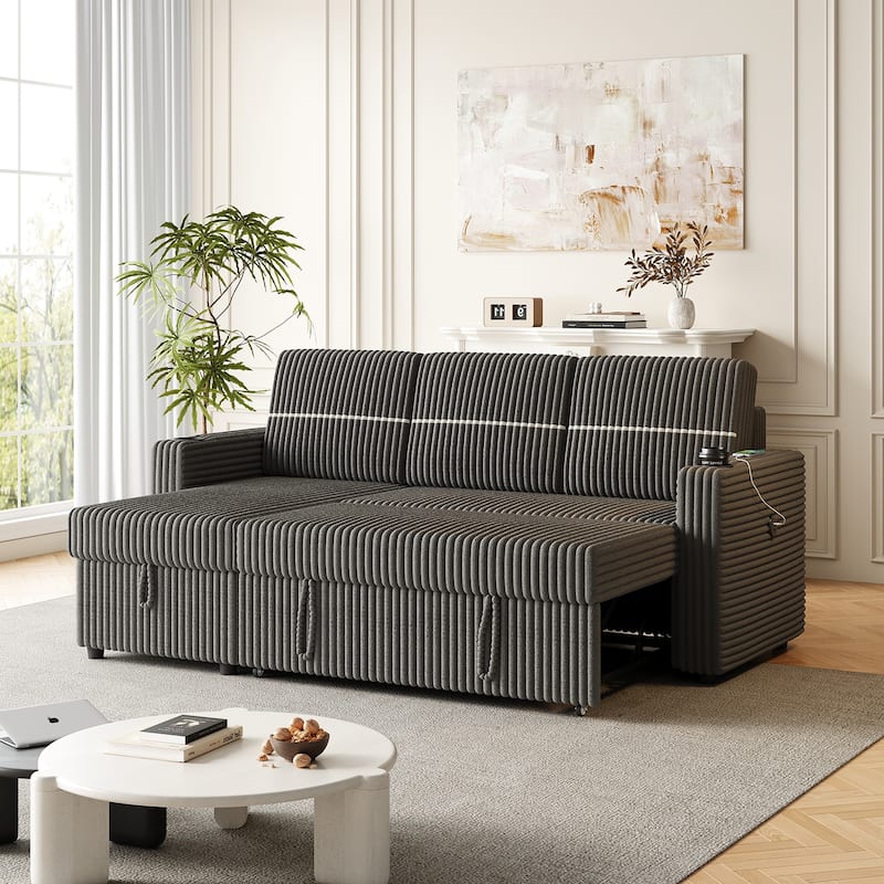 85 Inches Corduroy Sofa Bed, 3 Seater Sleeper Sofa with Storage Chaise