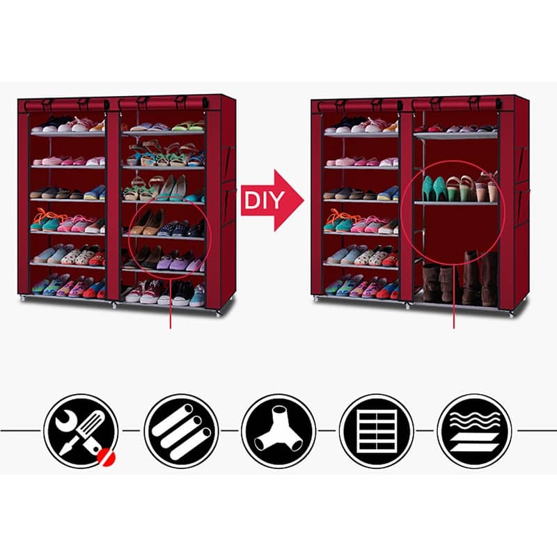 6-Row 2-Line 12 Lattices Non-woven Fabric Shoe Rack Wine Red