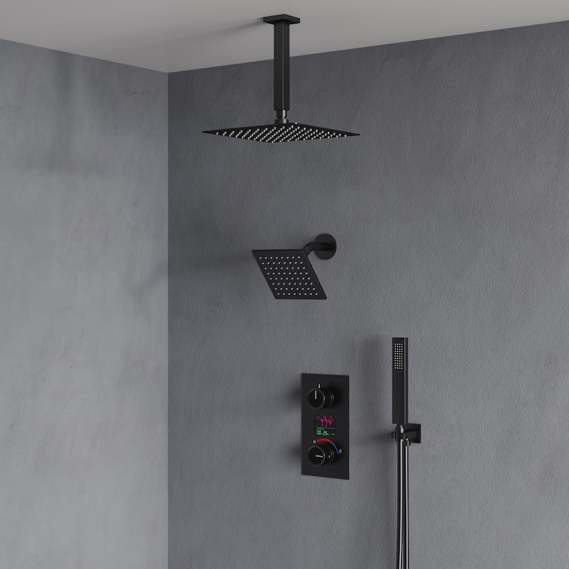 LCD Temperature Display Shower System, Dual Shower Heads Pressure Balance Shower Faucet Set - Matte Black