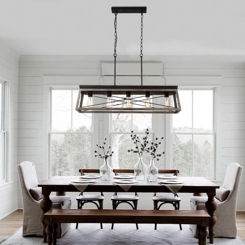 5-Light Antique Bronze Linear Kitchen Light Farmhouse Chandelier with Wood Open Frame - Brown - Brown
