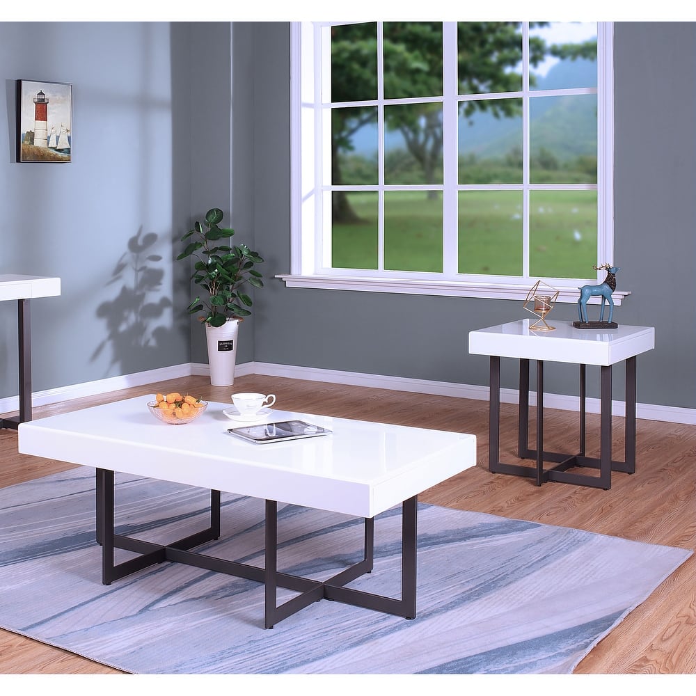 DH BASIC Contemporary White High Gloss Steel 2-Piece Storage Coffee Table Set by Denhour