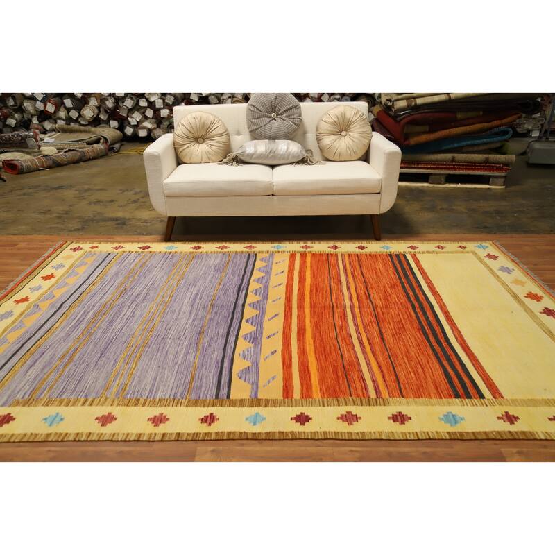 Hand Woven Oriental 100% Wool Carpet Southwestern Tribal Multi-Colored Kilim Area Rug - 9' 7'' X 6' 5''