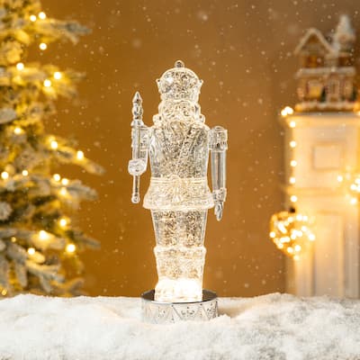 Glitzhome 12.5"H Lighted Swirling Crystal Nutcracker Figurine Snow Waterglobe - LED Snow Globe