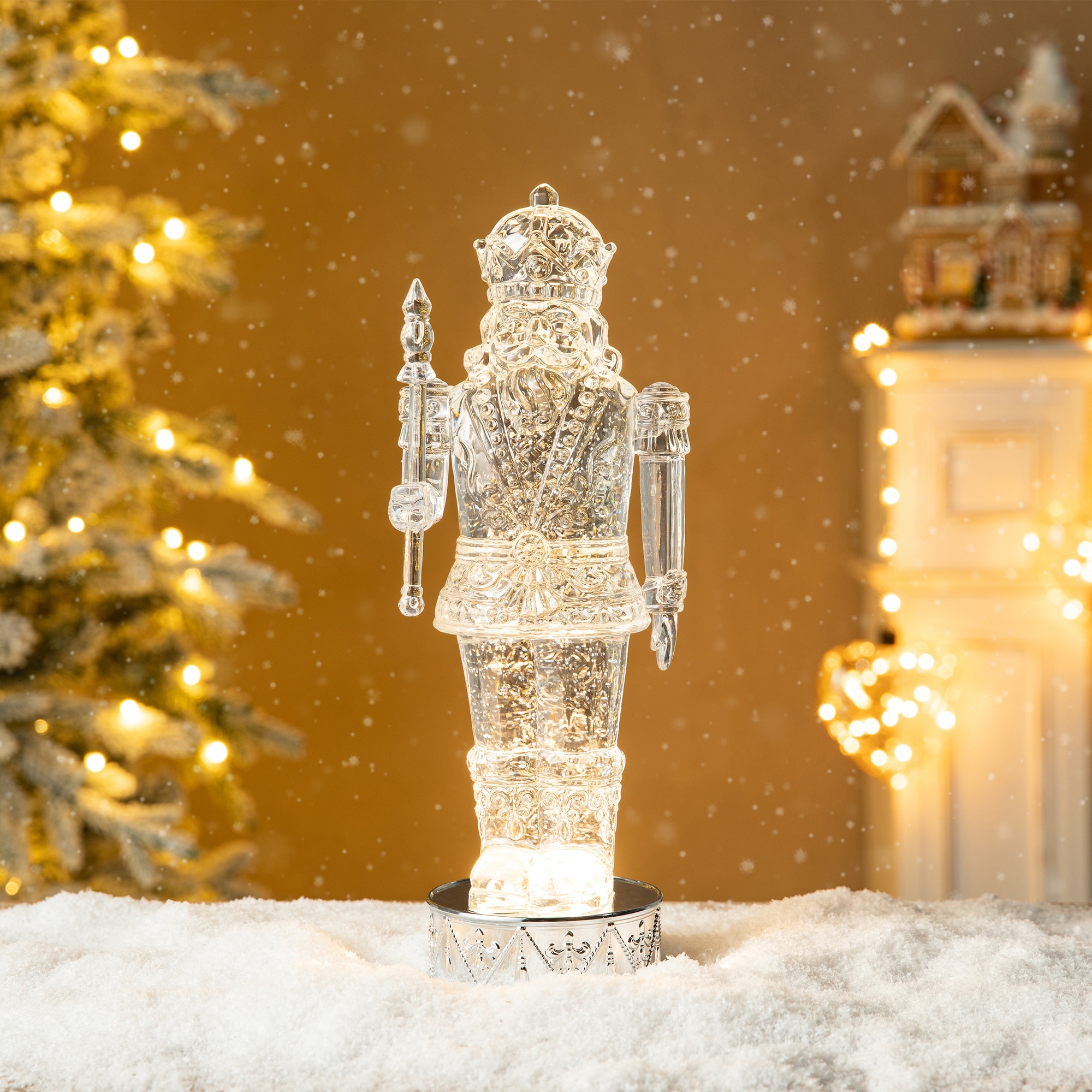 Glitzhome 12.5"H Lighted Swirling Crystal Nutcracker Figurine Snow Waterglobe - LED Snow Globe
