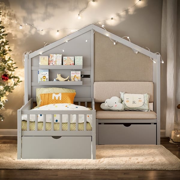 slide 2 of 20, Twin Size House Bed with Upholstered Sofa,Charging Station,Wireless Charging,Shelves and Two Drawers Grey