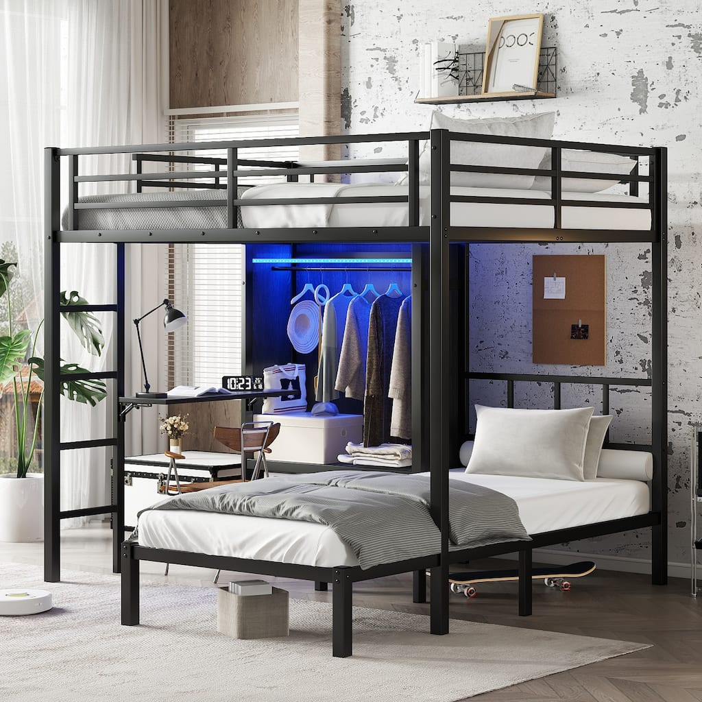 Foldable Desk Metal Bunk Bed with Full XL over Twin Layout, LED Closet & Sound-Dampening Design