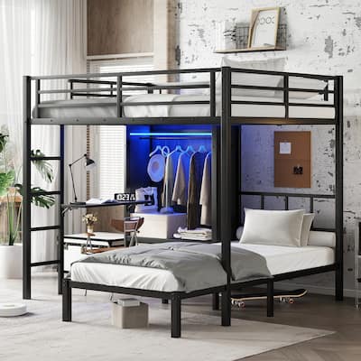 Full XL over Twin Bunk Bed - Features Folding Desk, Built-In Closet & LED Lighting