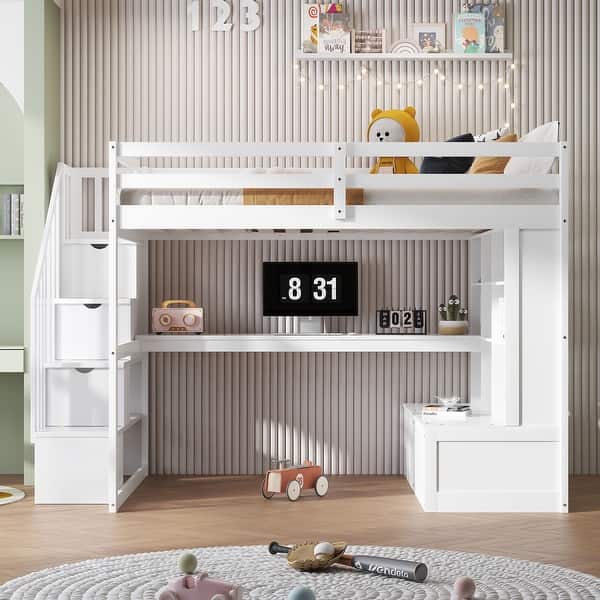 slide 2 of 16, Full Size Loft Bed with Desk and Shelves, 2 Drawers, Storage Staircase