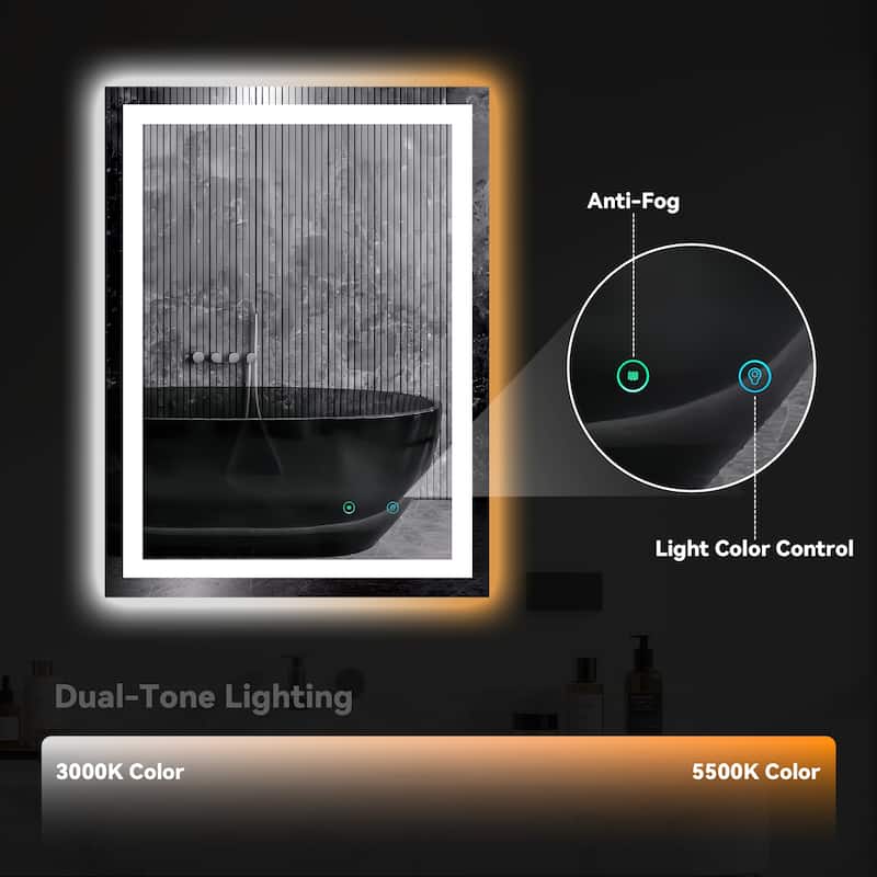 Frameless LED Bathroom Mirror with High Luminosity and Anti-Fog Technology, Wall-Mounted Rectangle Vanity Mirror
