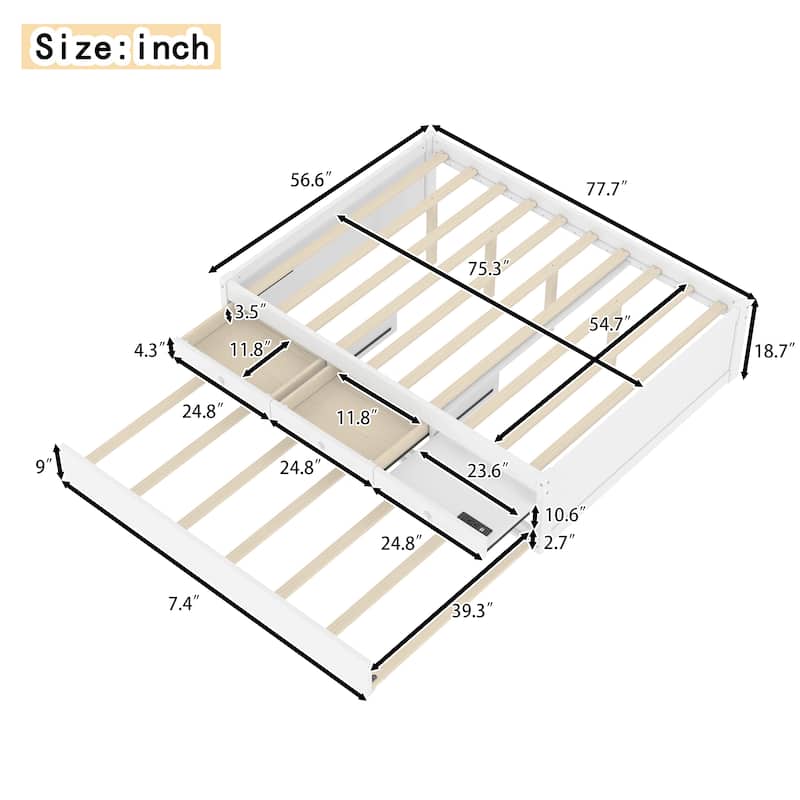 Full/Twin Platform Bed with Trundle, 2 Drawers & Built-in Power Outlets